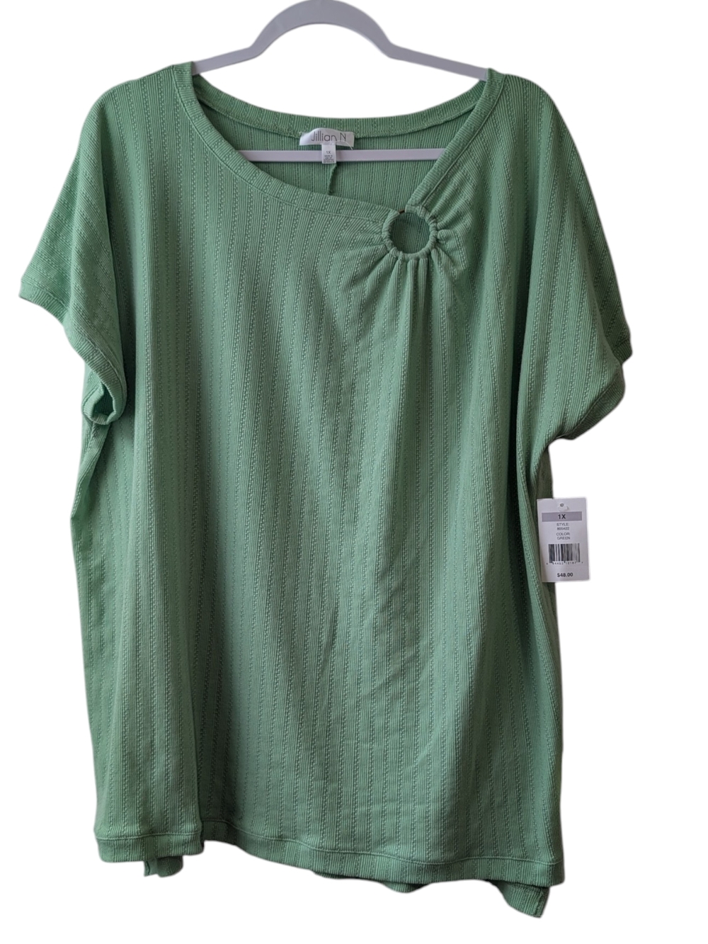 JILLIAN N WOMEN'S GREEN SHORT SLEEVE TOP WITH DECORATIVE RING DETAIL SIZE 1X